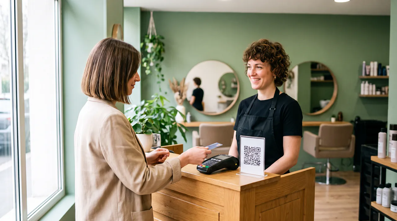 Une cliente règle sa coupe à l’accueil d’un salon de coiffure aux murs vert sauge, à côté d’un QR code