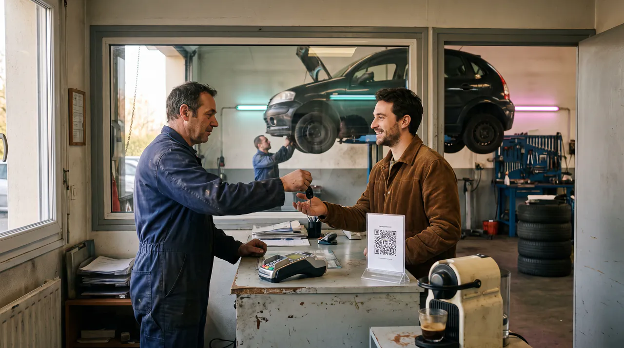 Un mécanicien remet les clés à un client à l’accueil d’un garage, un QR code posé sur le comptoir