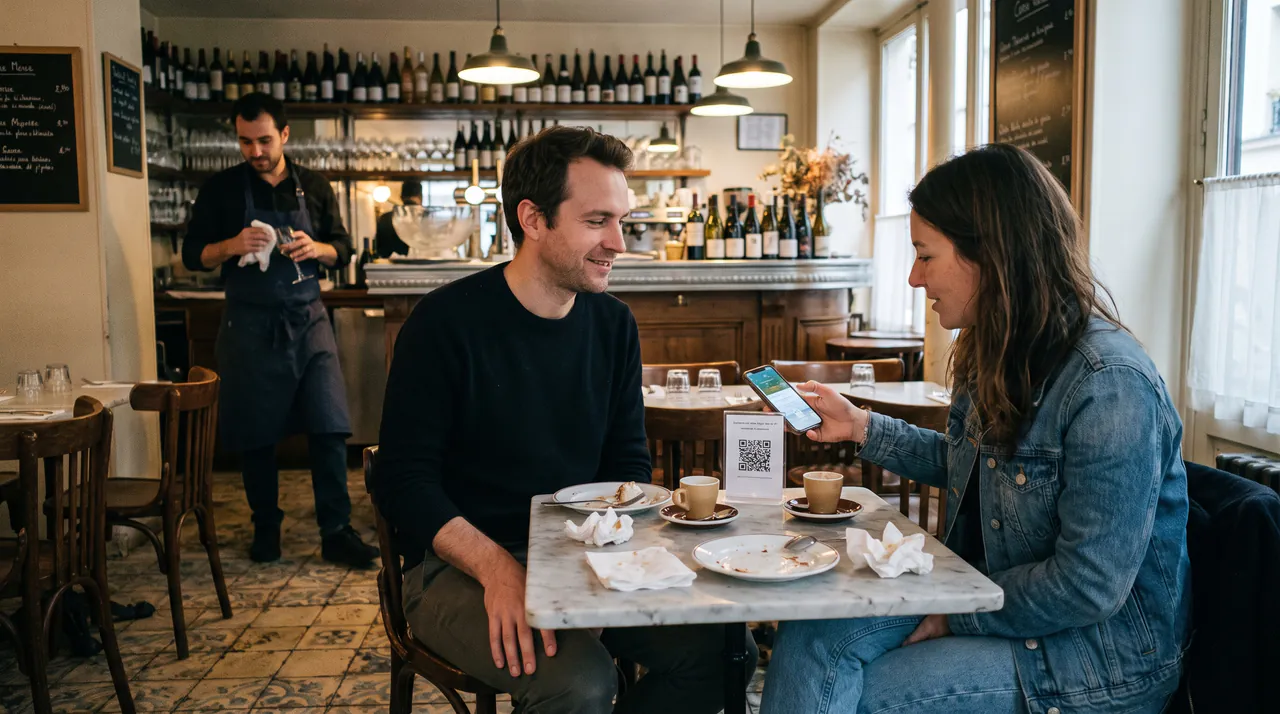 Un couple en fin de repas dans un bistrot scanne le QR code posé sur la table, un serveur au comptoir