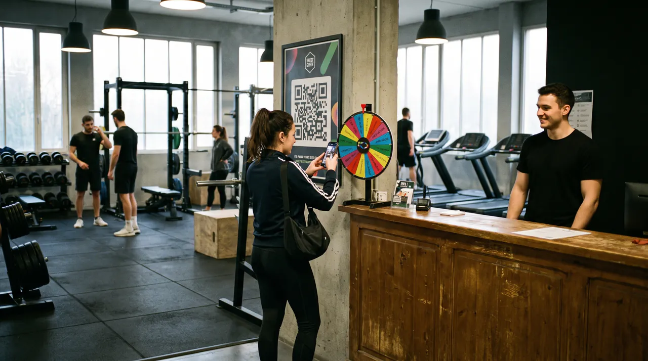 Une adhérente scanne le QR code d’une affiche à l’accueil d’une salle de sport